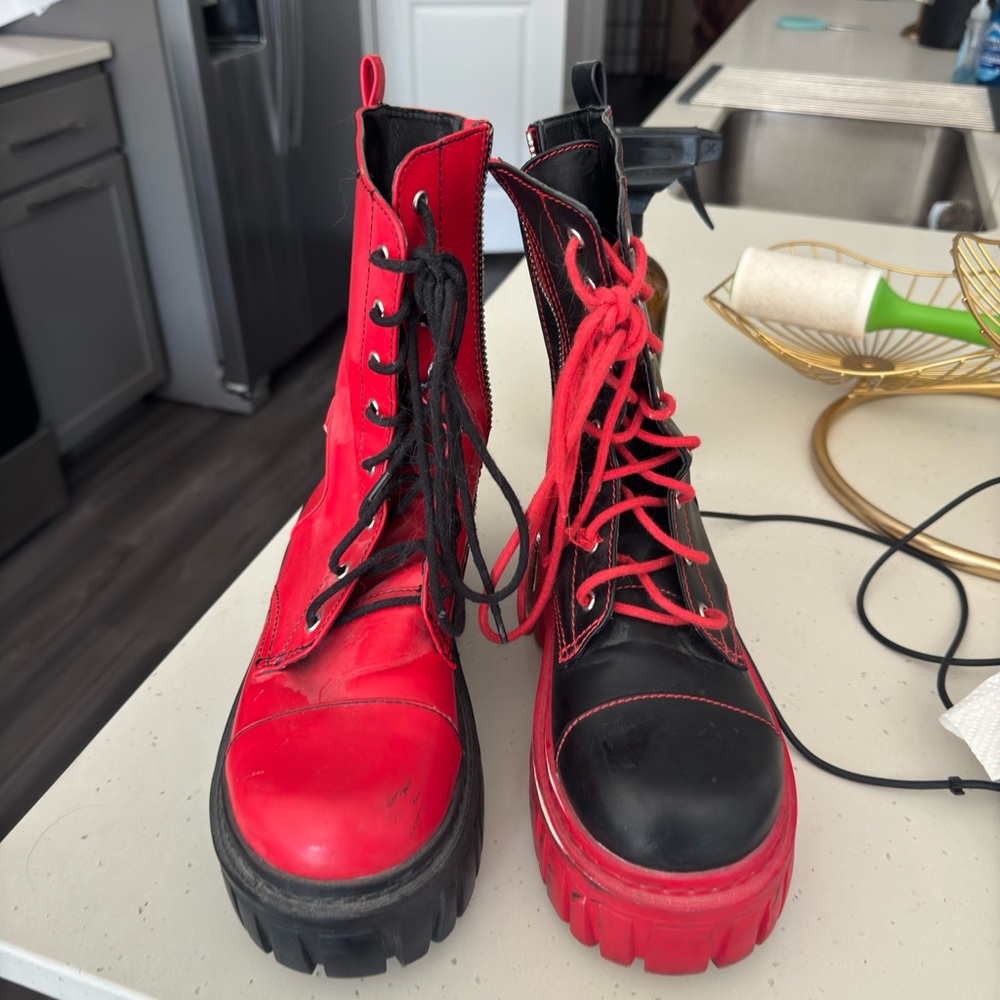 Dolls Kill Red and Black Combat rave Boots